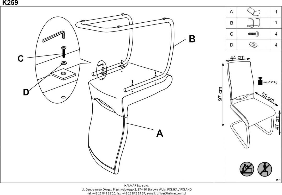 Kitchen Chair K259 | size: Width: 44cm, Height: 97cm, Depth: 59cm | color: Gray | image: 4 | variant: 1011479