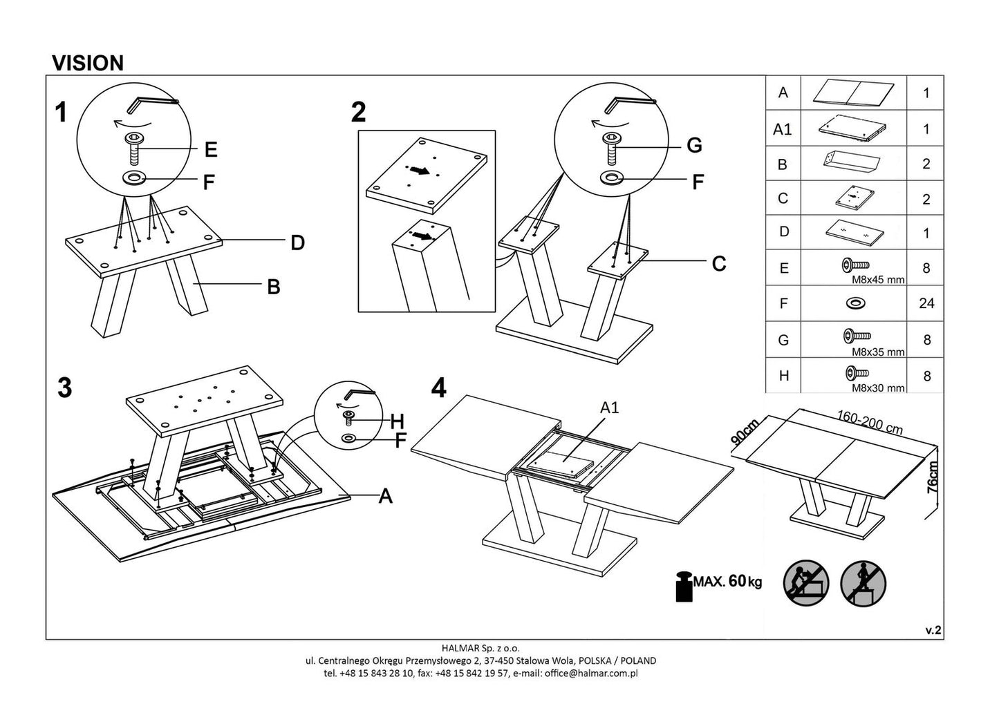 Kitchen Table Vision | size: Length: 90cm, Width: 200cm, Height: 76cm | color: White | image: 5 | variant: 1011288