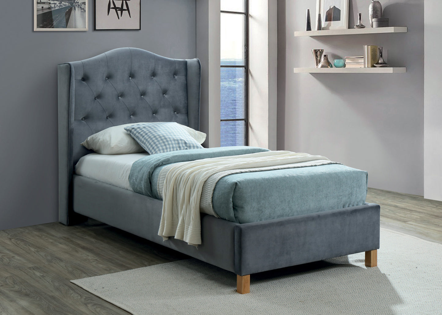 Single Bed Aspen Velvet | size: Length: 216cm, Width: 108cm, Height: 124cm | color: Gray | image: 1 | variant: 1010246