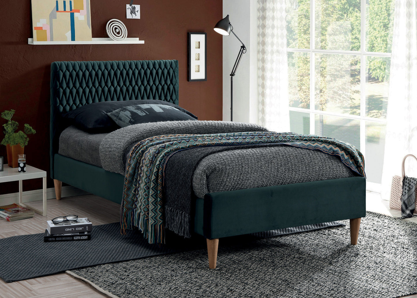 Single Bed Azurro Velvet | size: Length: 212cm, Width: 96cm, Height: 96cm | color: Green | image: 1 | variant: 1010249