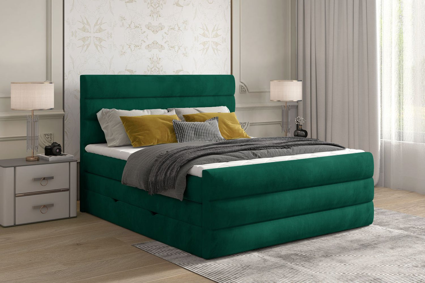 Continental Double Bed East Madrid 1 | size: Length: 220cm, Width: 160cm, Height: 133cm | color: Green | image: 1 | variant: 1012387