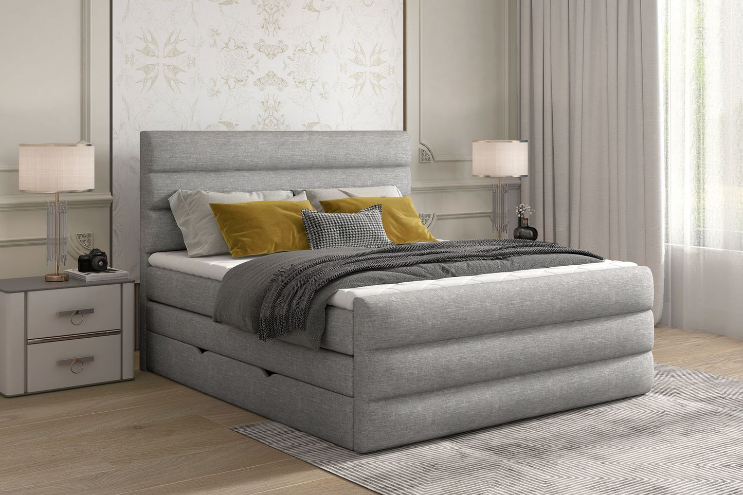 Continental Double Bed East Madrid | size: Length: 220cm, Width: 140cm, Height: 133cm | color: Sawana | image: 1 | variant: 1012373