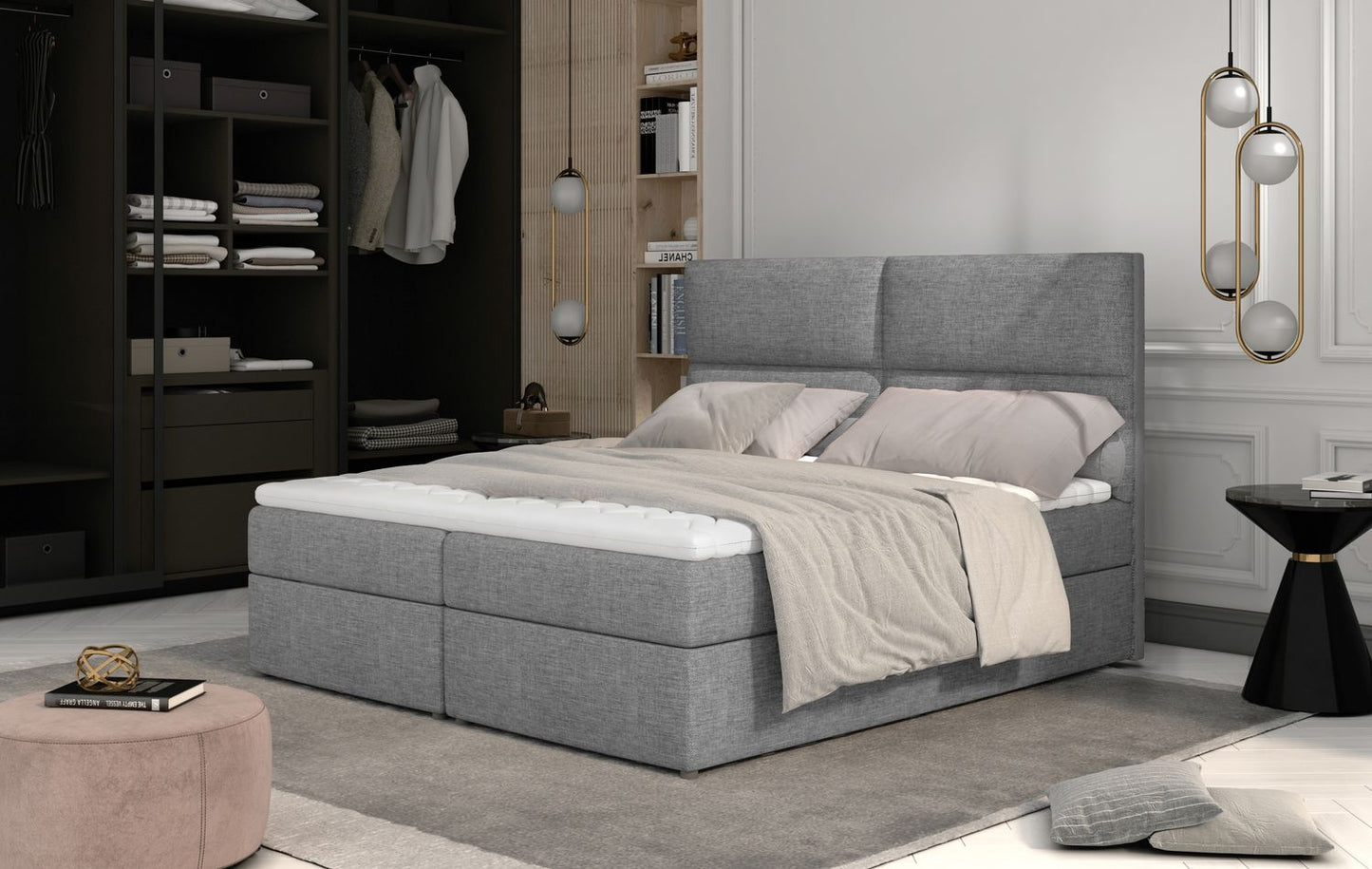 Continental Double Bed Risca 1 | size: Length: 210cm, Width: 165cm, Height: 124cm | color: Sawana | image: 1 | variant: 1012130