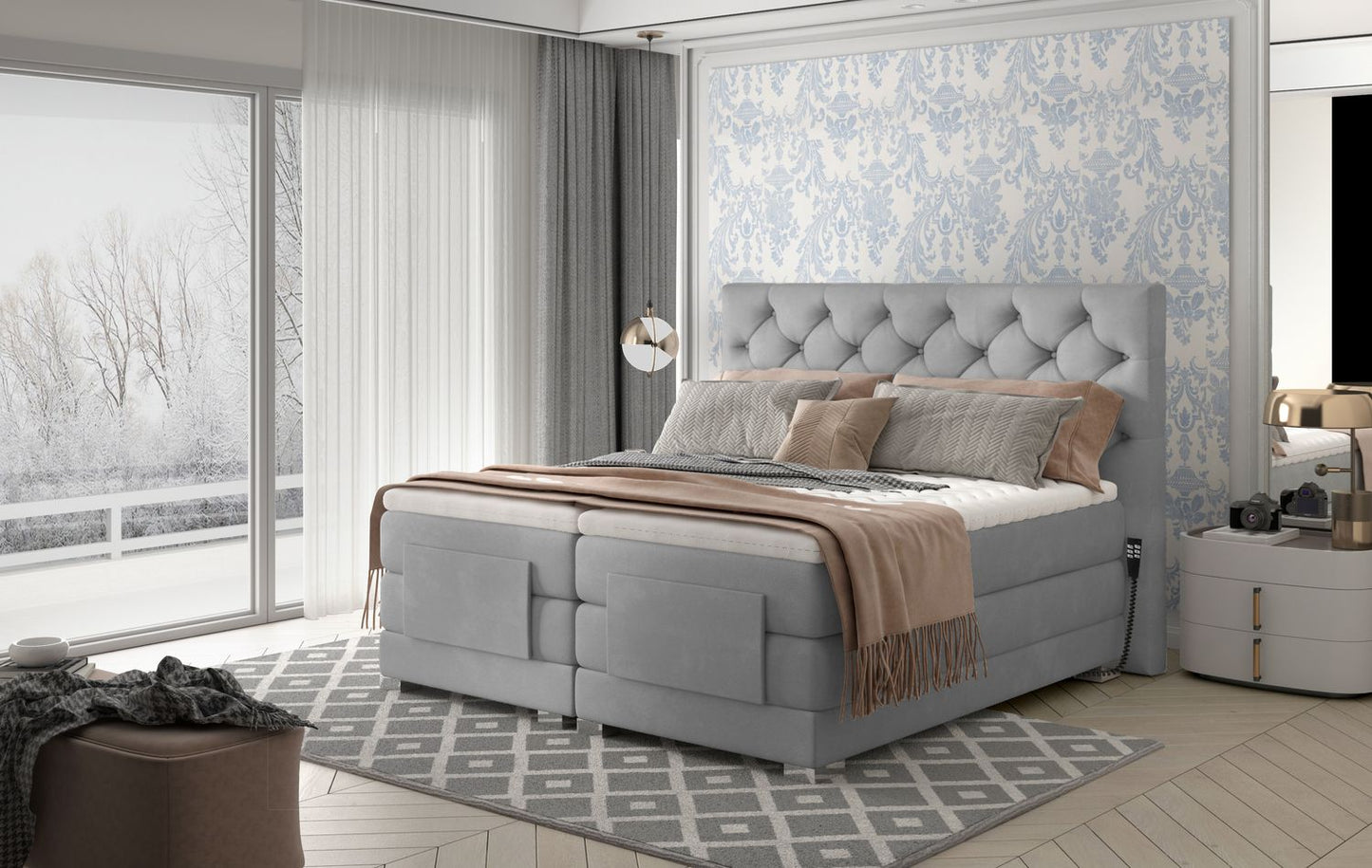 Continental Double Bed Sunderland 2 | size: Length: 217cm, Width: 198cm, Height: 130cm | color: Gray | image: 1 | variant: 1012601