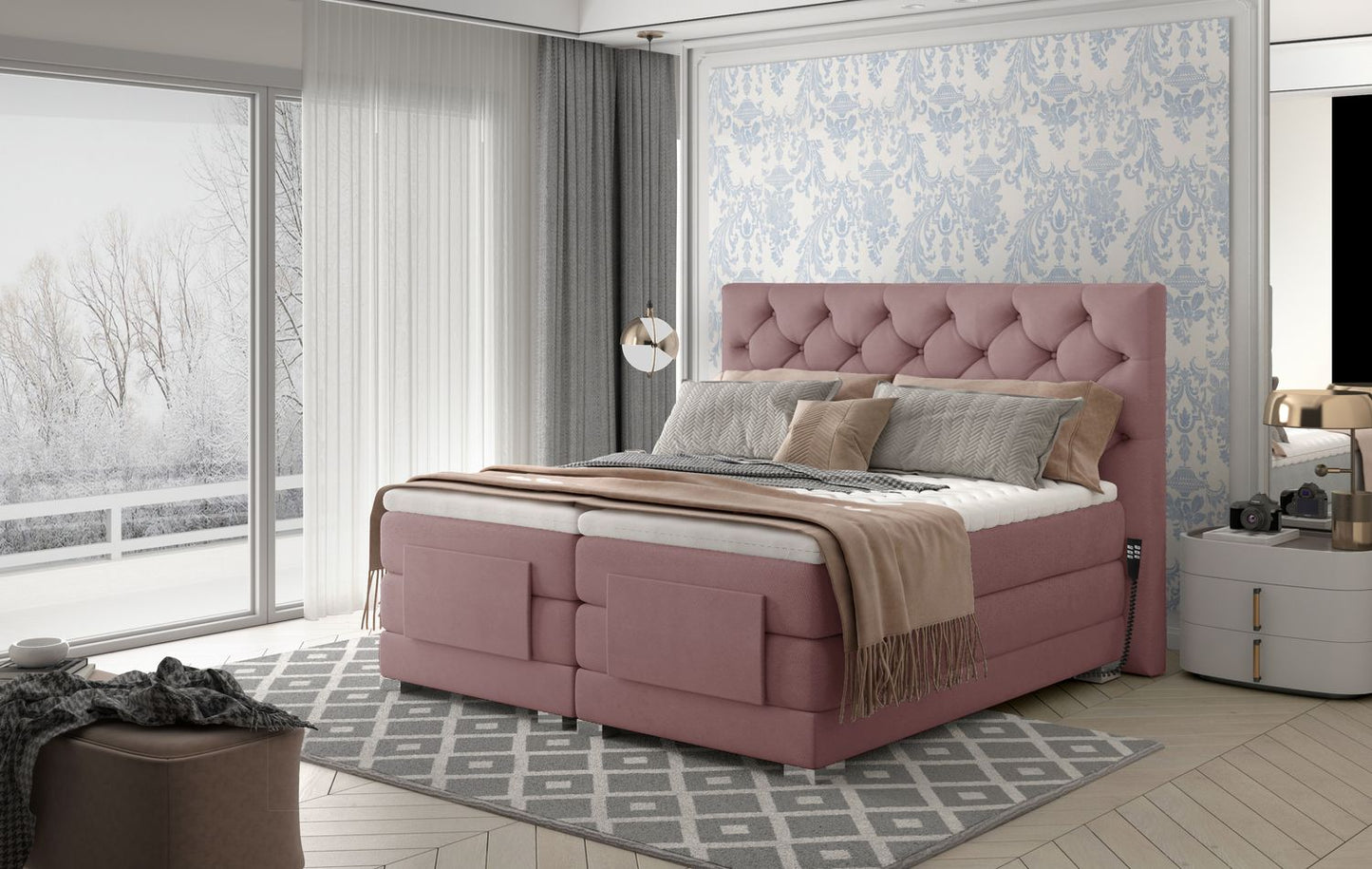 Continental Double Bed Sunderland | size: Length: 217cm, Width: 158cm, Height: 130cm | color: Mat/Velvet | image: 1 | variant: 1012566