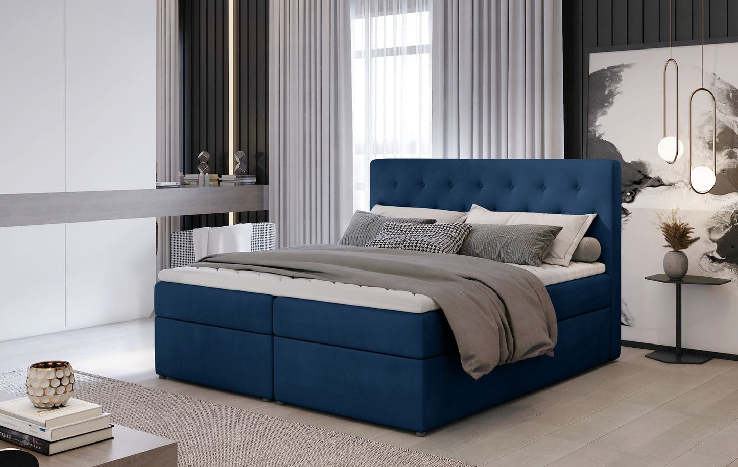 Continental Double Bed West Lugano | size: Length: 215cm, Width: 140cm, Height: 115cm | color: Blue | image: 1 | variant: 1012935