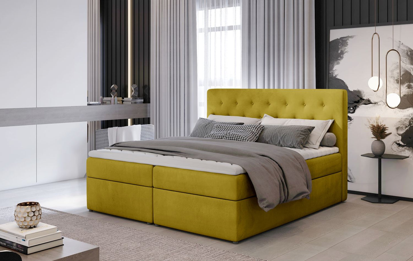 Continental Double Bed West Lugano | size: Length: 215cm, Width: 140cm, Height: 115cm | color: Yellow | image: 1 | variant: 1012934