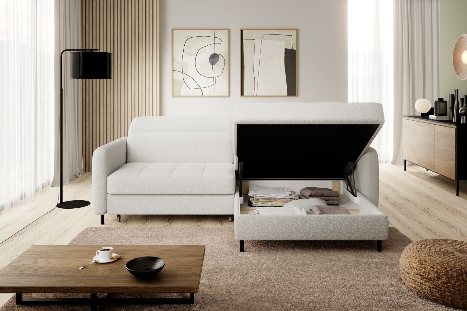Corner Sleeper Sofa Portree 1 | size: Width: 228cm, Height: 100cm, Depth: 165cm | color: White | image: 2 | variant: 1014978