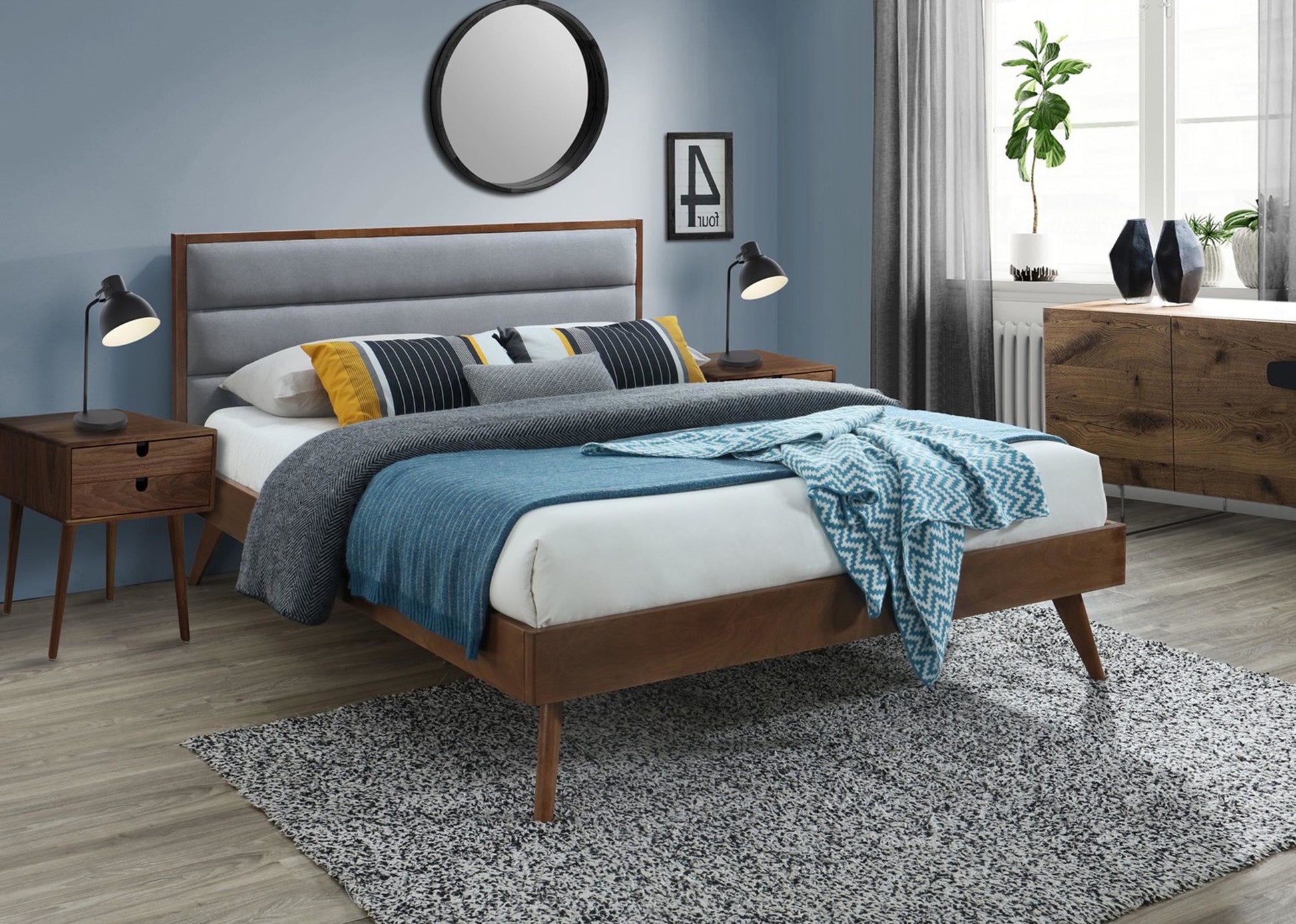 Double Bed East Adelaide | size: Length: 209cm, Width: 166cm, Height: 106cm | color: Grey/Walnut | image: 2 | variant: 1006683