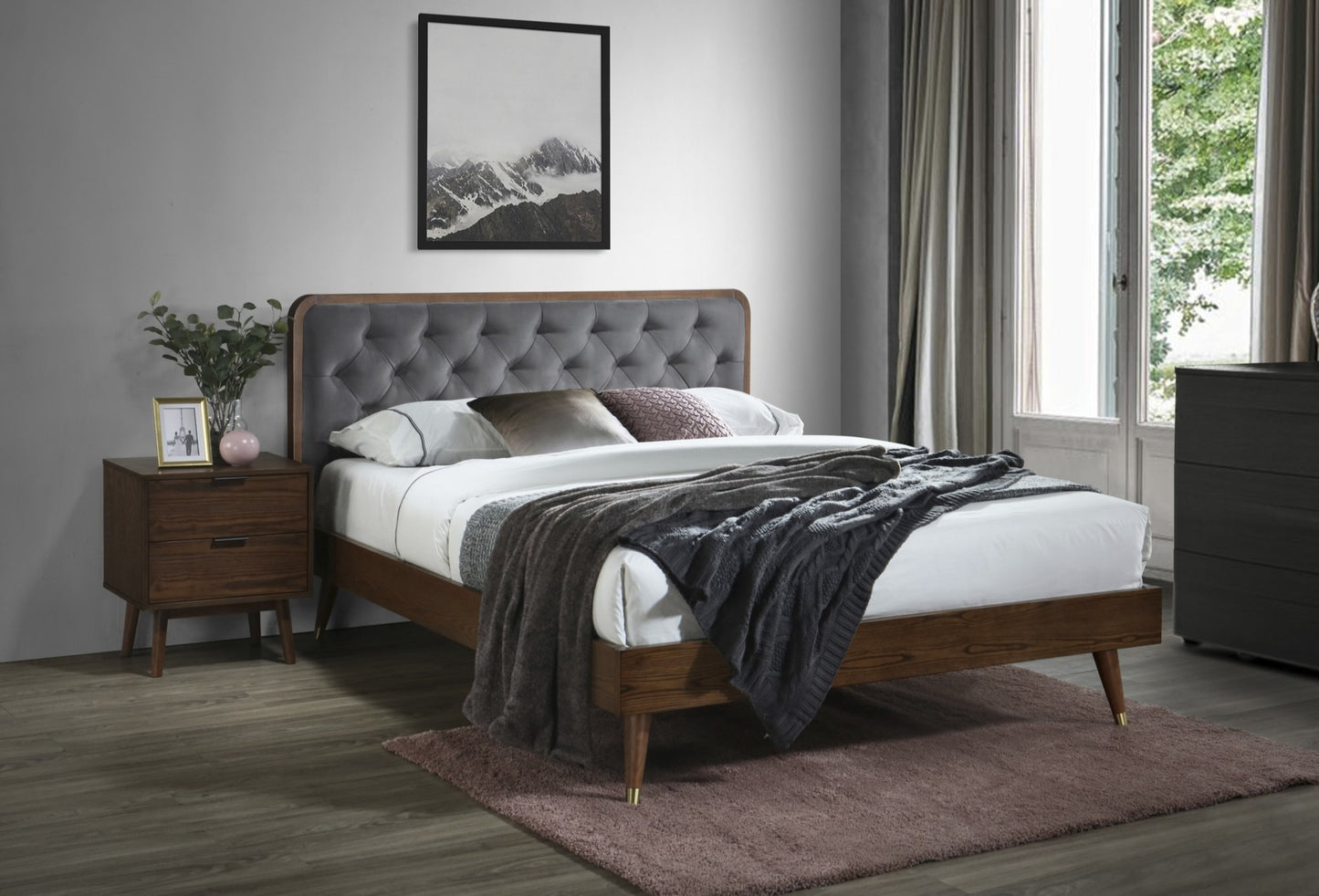 Double Bed East Athens | size: Length: 208cm, Width: 162cm, Height: 102cm | color: Grey/Walnut | image: 2 | variant: 1006687