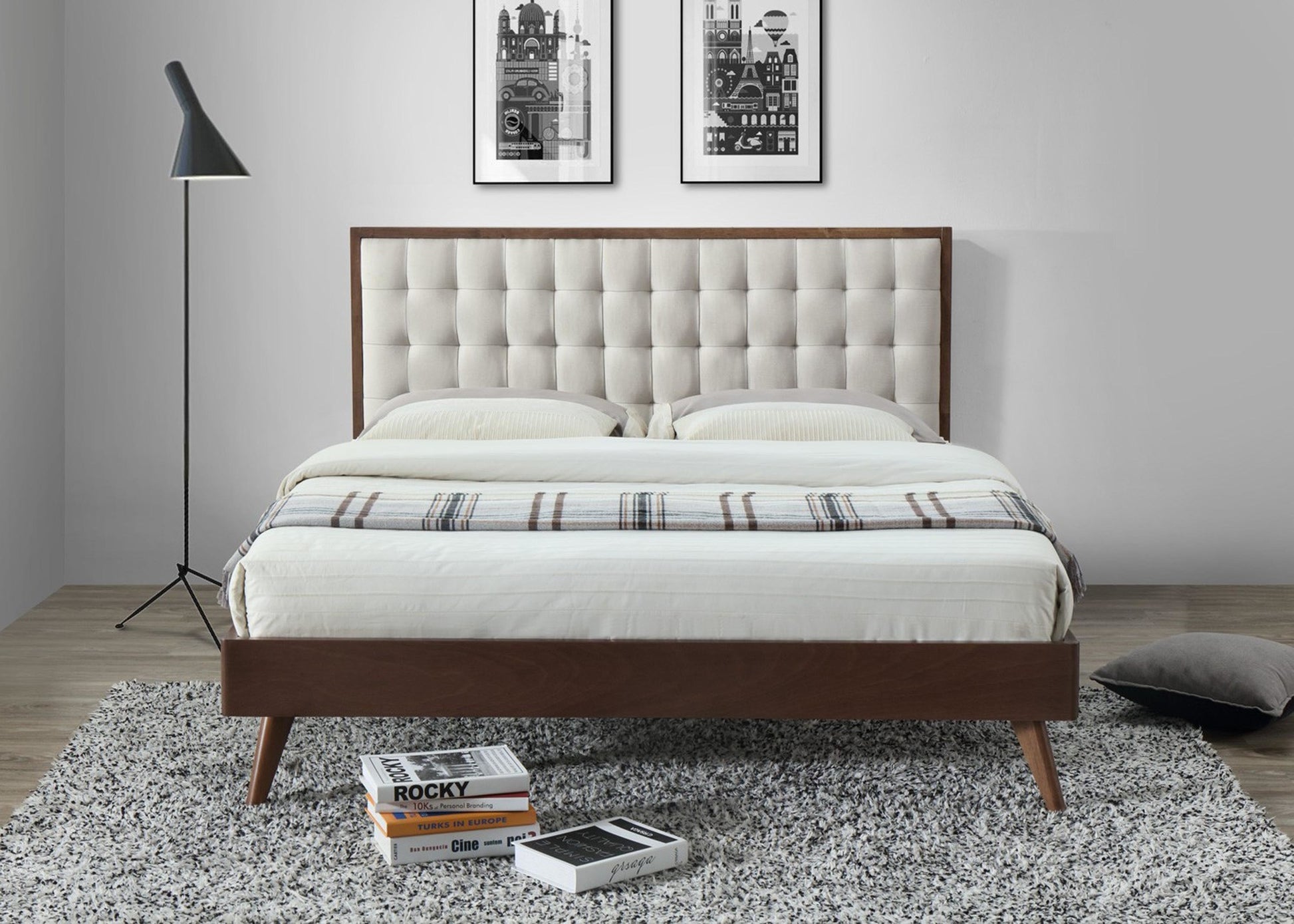 Double Bed East Fermo | size: Length: 209cm, Width: 166cm, Height: 106cm | color: Beige/Walnut | image: 3 | variant: 1006682