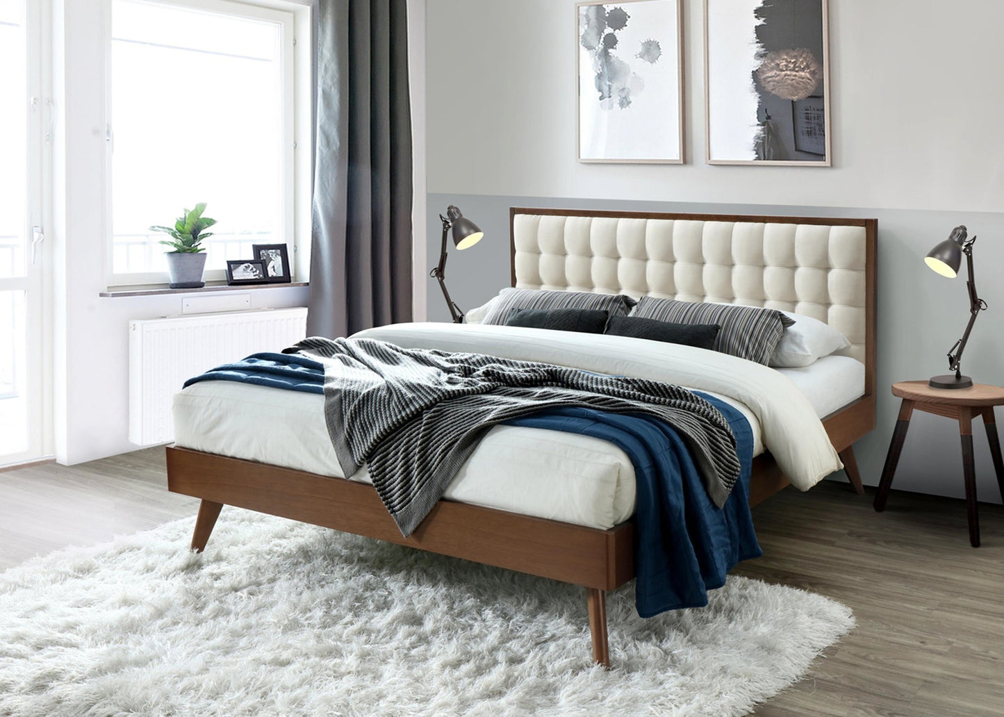 Double Bed East Fermo | size: Length: 209cm, Width: 166cm, Height: 106cm | color: Beige/Walnut | image: 5 | variant: 1006682