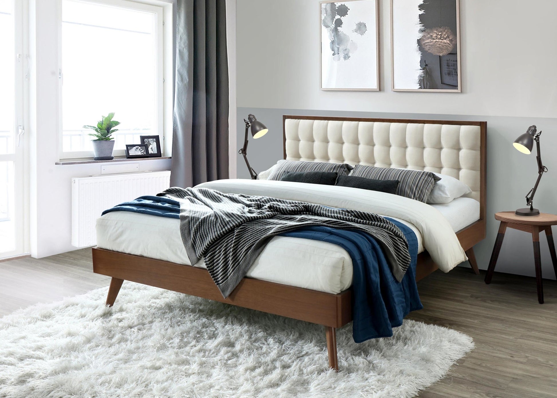 Double Bed East Fermo | size: Length: 209cm, Width: 166cm, Height: 106cm | color: Beige/Walnut | image: 5 | variant: 1006682