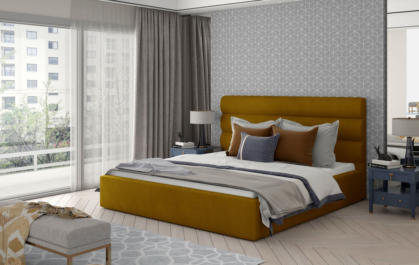 Double Bed East Fishguard 2 | size: Length: 223cm, Width: 200cm, Height: 93cm | color: Yellow | image: 1 | variant: 1010814