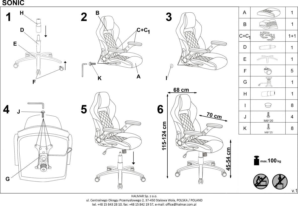 Gaming Chair Sonic | size: Width: 68cm, Height: 124cm, Depth: 70cm | color: Black/Grey | image: 7 | variant: 1011567
