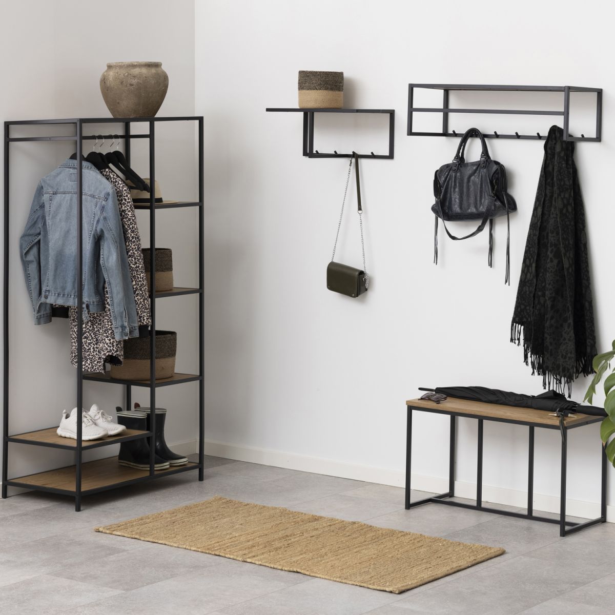 Hallway Furniture Set Aberystwyth | size: Width: 77cm, Height: 165cm, Depth: 45cm | color: Black/Oak | image: 3 | variant: 1005840