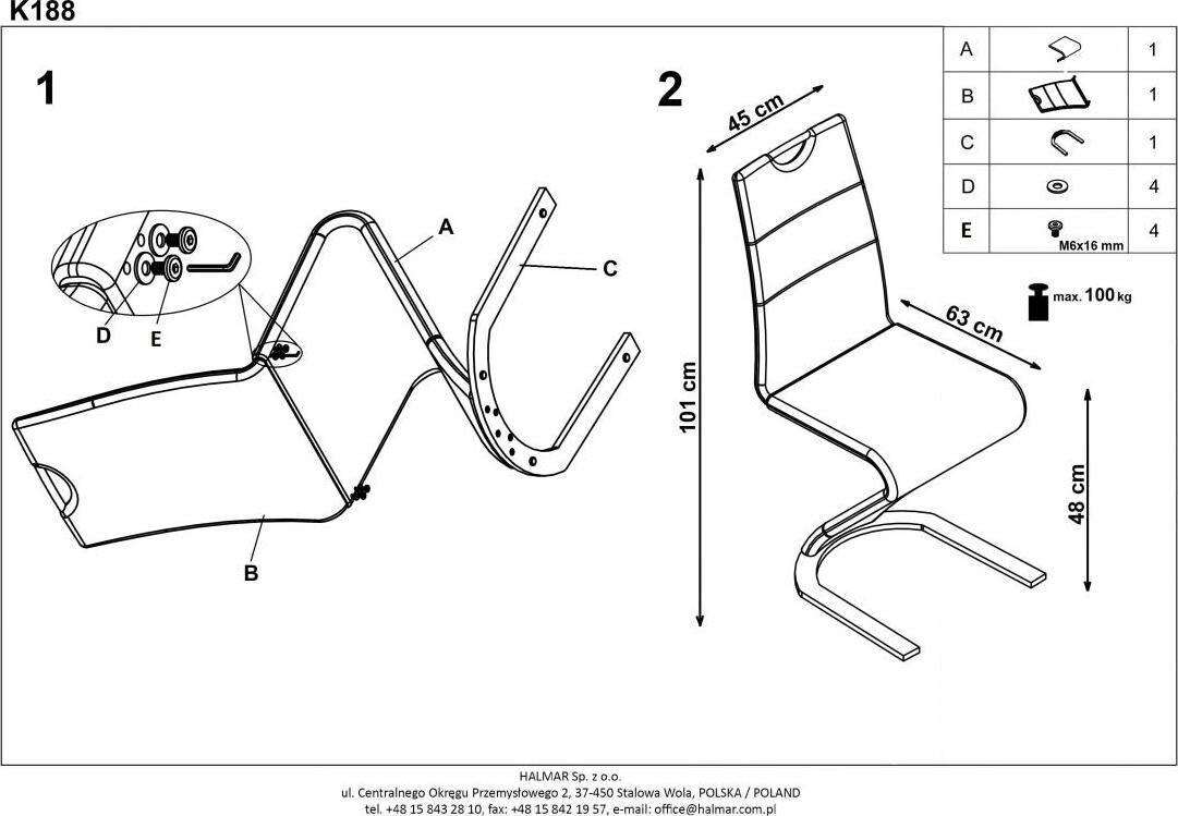 Kitchen Chair K188 | size: Width: 45cm, Height: 101cm, Depth: 63cm | color: White | image: 6 | variant: 1003062