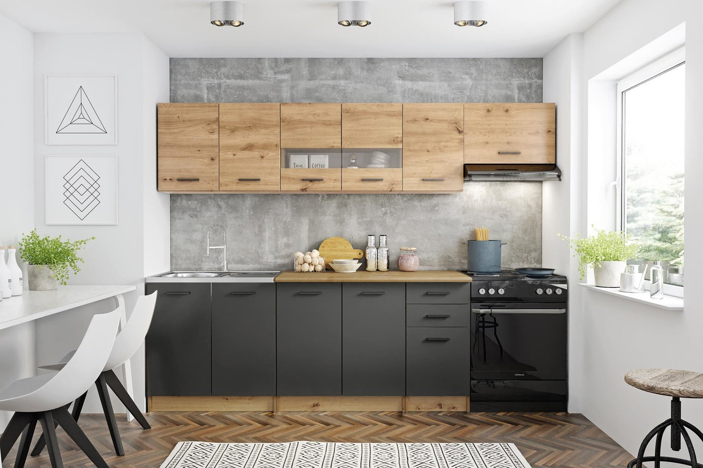 Kitchen Equipment Set Perla 1 | size: Width: 260cm, Height: 214cm, Depth: 60cm | color: Oak/Grey | image: 1 | variant: 1016938