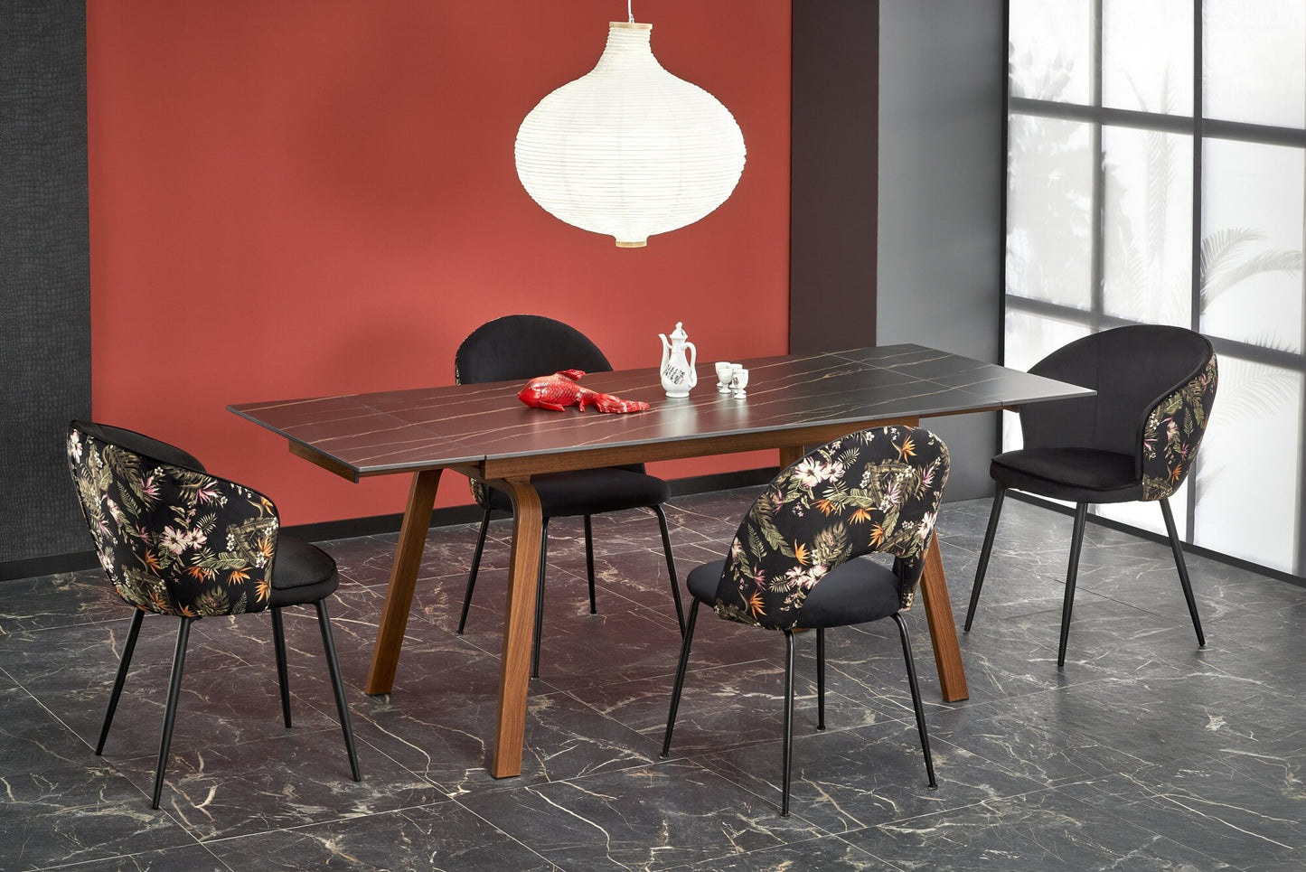 Kitchen Table Lozano | size: Length: 82cm, Width: 200cm, Height: 76cm | color: Marble/Black/Walnut | image: 1 | variant: 1013021