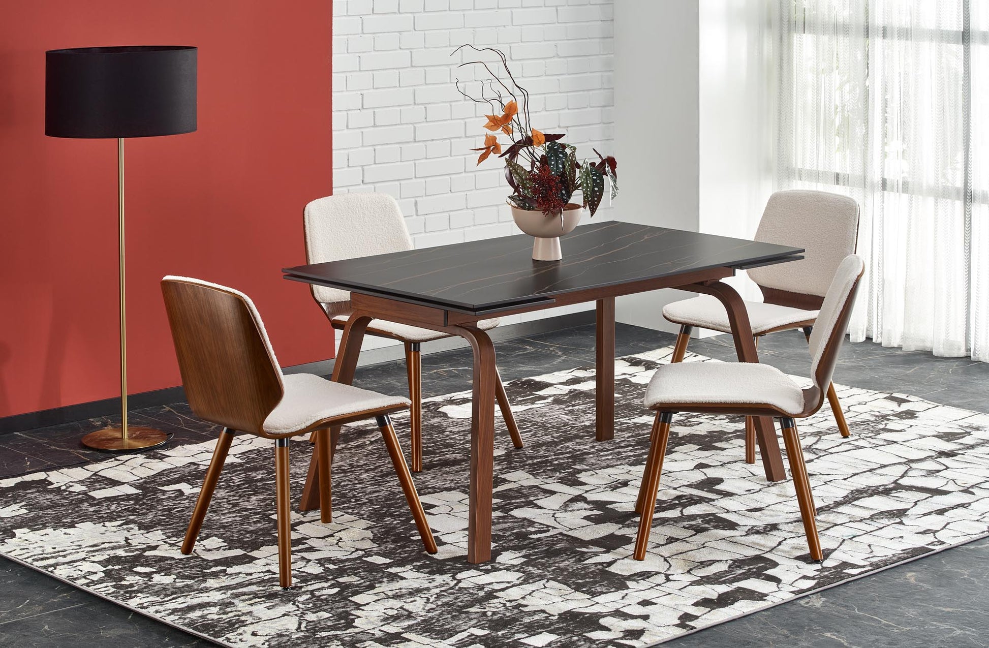 Kitchen Table Lozano | size: Length: 82cm, Width: 200cm, Height: 76cm | color: Marble/Black/Walnut | image: 2 | variant: 1013021
