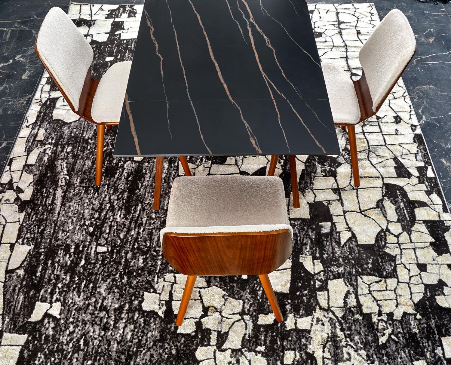 Kitchen Table Lozano | size: Length: 82cm, Width: 200cm, Height: 76cm | color: Marble/Black/Walnut | image: 6 | variant: 1013021