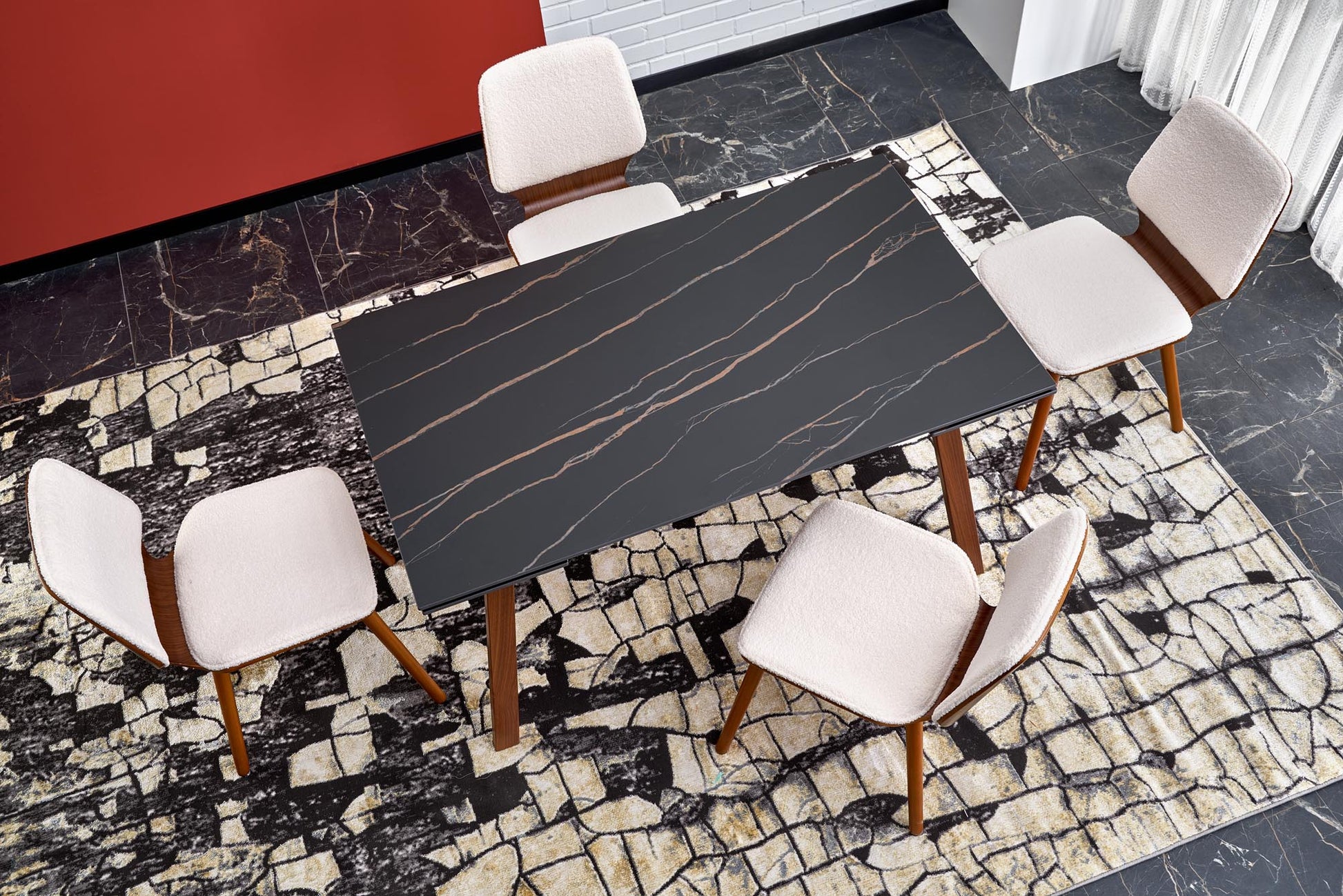 Kitchen Table Lozano | size: Length: 82cm, Width: 200cm, Height: 76cm | color: Marble/Black/Walnut | image: 7 | variant: 1013021