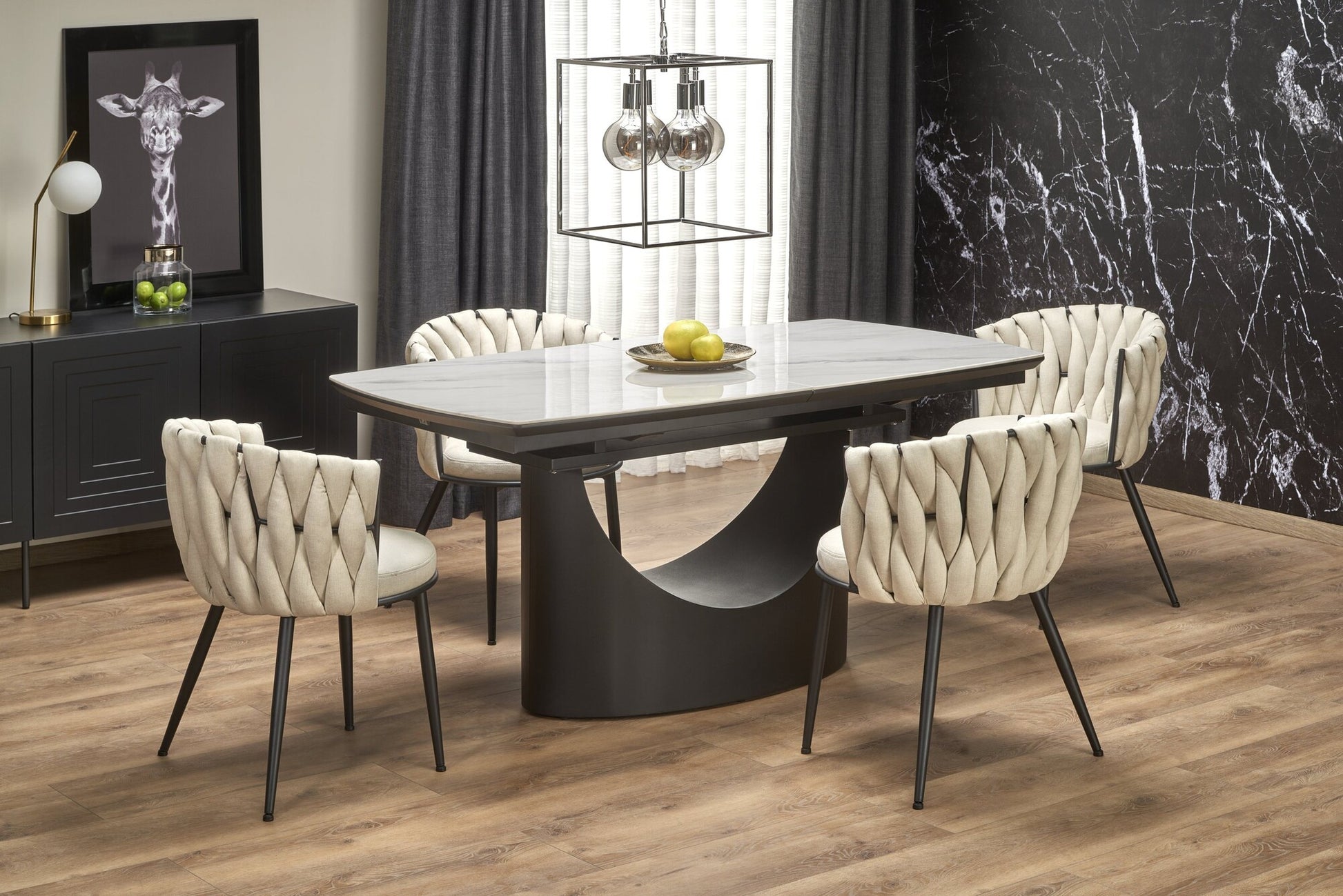 Kitchen Table Osman | size: Length: 90cm, Width: 220cm, Height: 77cm | color: White/Marble/Black | image: 1 | variant: 1013025