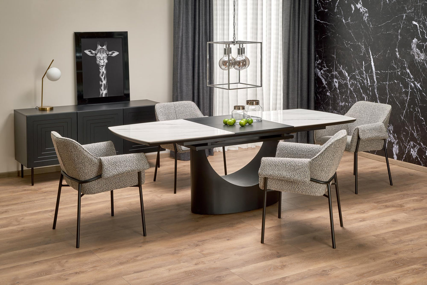 Kitchen Table Osman | size: Length: 90cm, Width: 220cm, Height: 77cm | color: White/Marble/Black | image: 2 | variant: 1013025