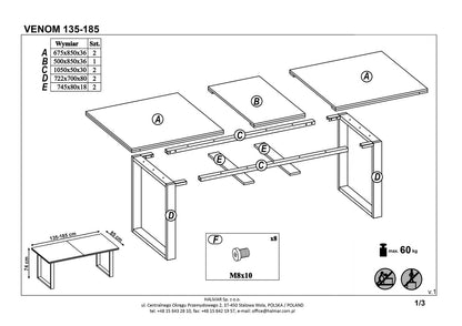 Kitchen Table Venom | size: Length: 85cm, Width: 185cm, Height: 74cm | color: Black/Oak | image: 8 | variant: 1011251