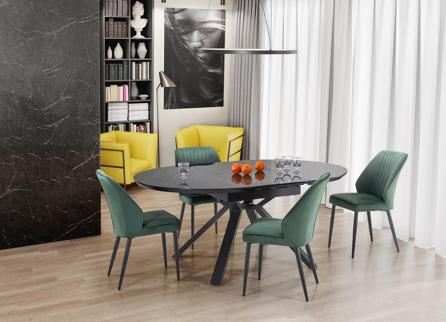 Kitchen Table Vertigo | size: Length: 130cm, Width: 180cm, Height: 76cm, Diameter: 130cm | color: Marble/Black | image: 2 | variant: 1012584