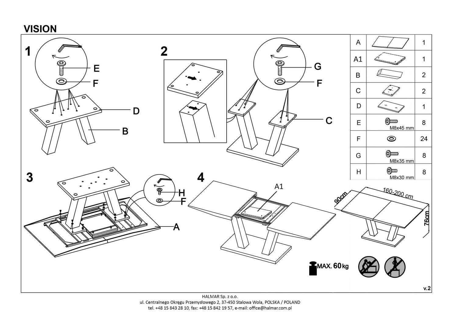 Kitchen Table Vision | size: Length: 90cm, Width: 200cm, Height: 76cm | color: White | image: 5 | variant: 1011288
