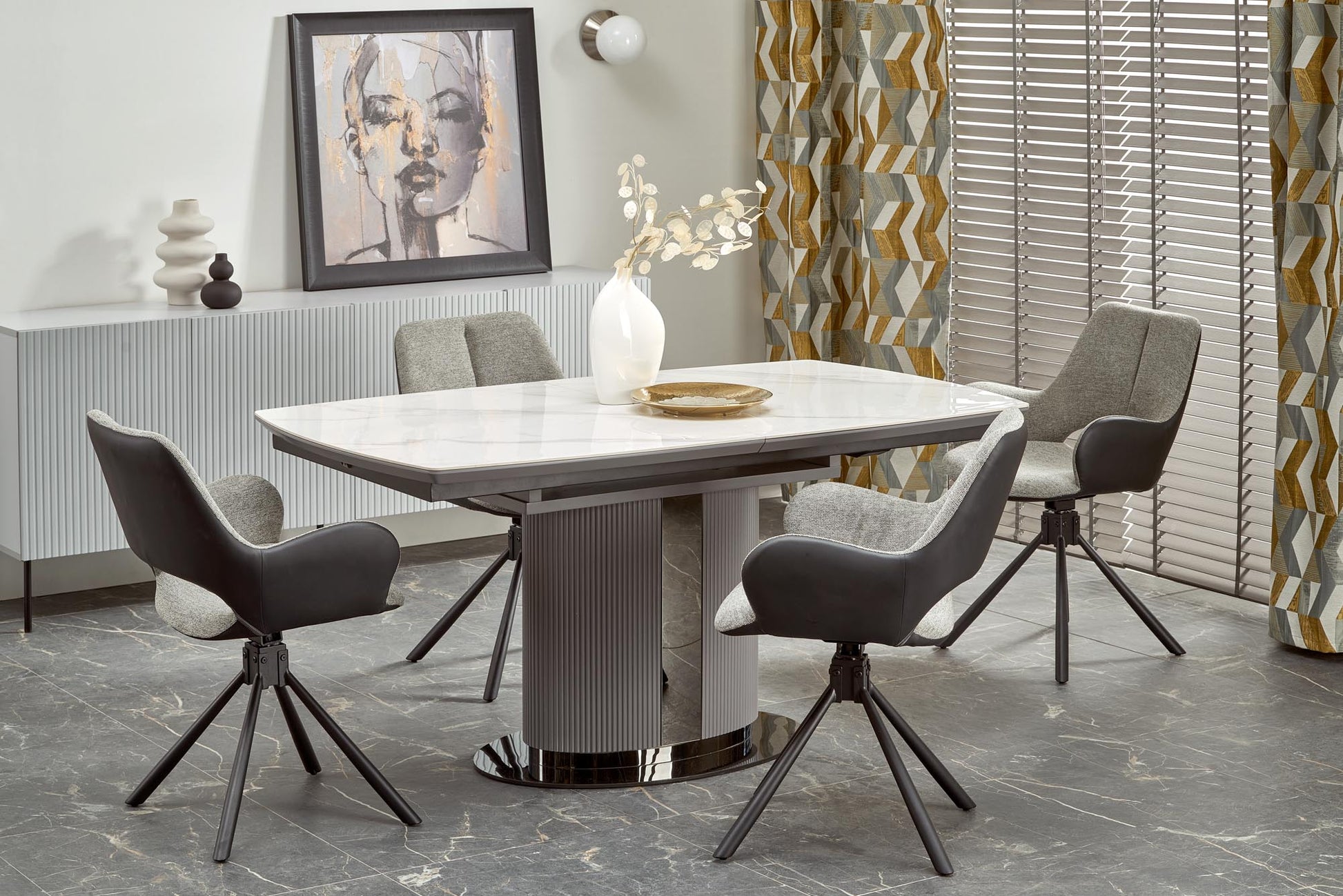 Kitchen Table West Builth Wells | size: Length: 90cm, Width: 220cm, Height: 76cm | color: White/Marble/Grey | image: 1 | variant: 1007397