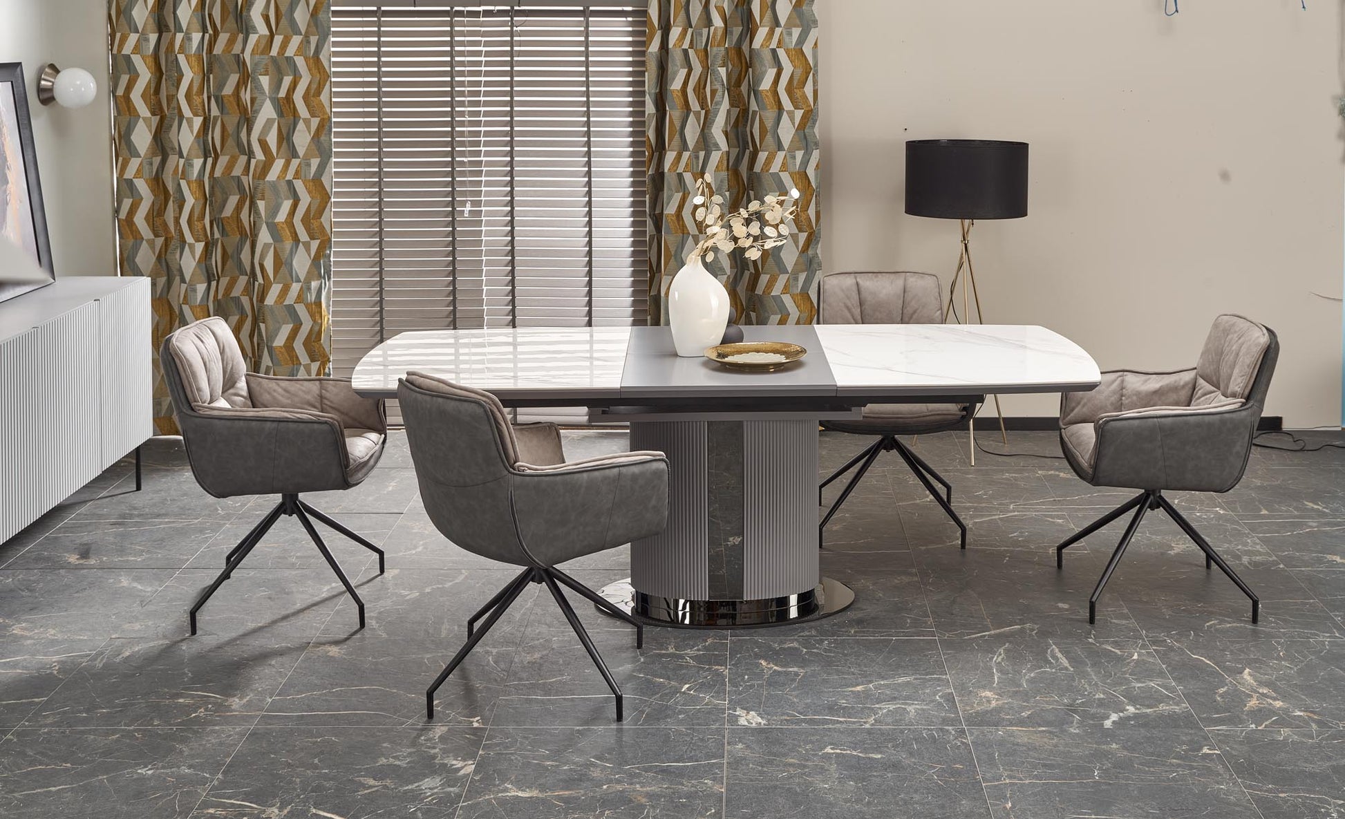 Kitchen Table West Builth Wells | size: Length: 90cm, Width: 220cm, Height: 76cm | color: White/Marble/Grey | image: 3 | variant: 1007397