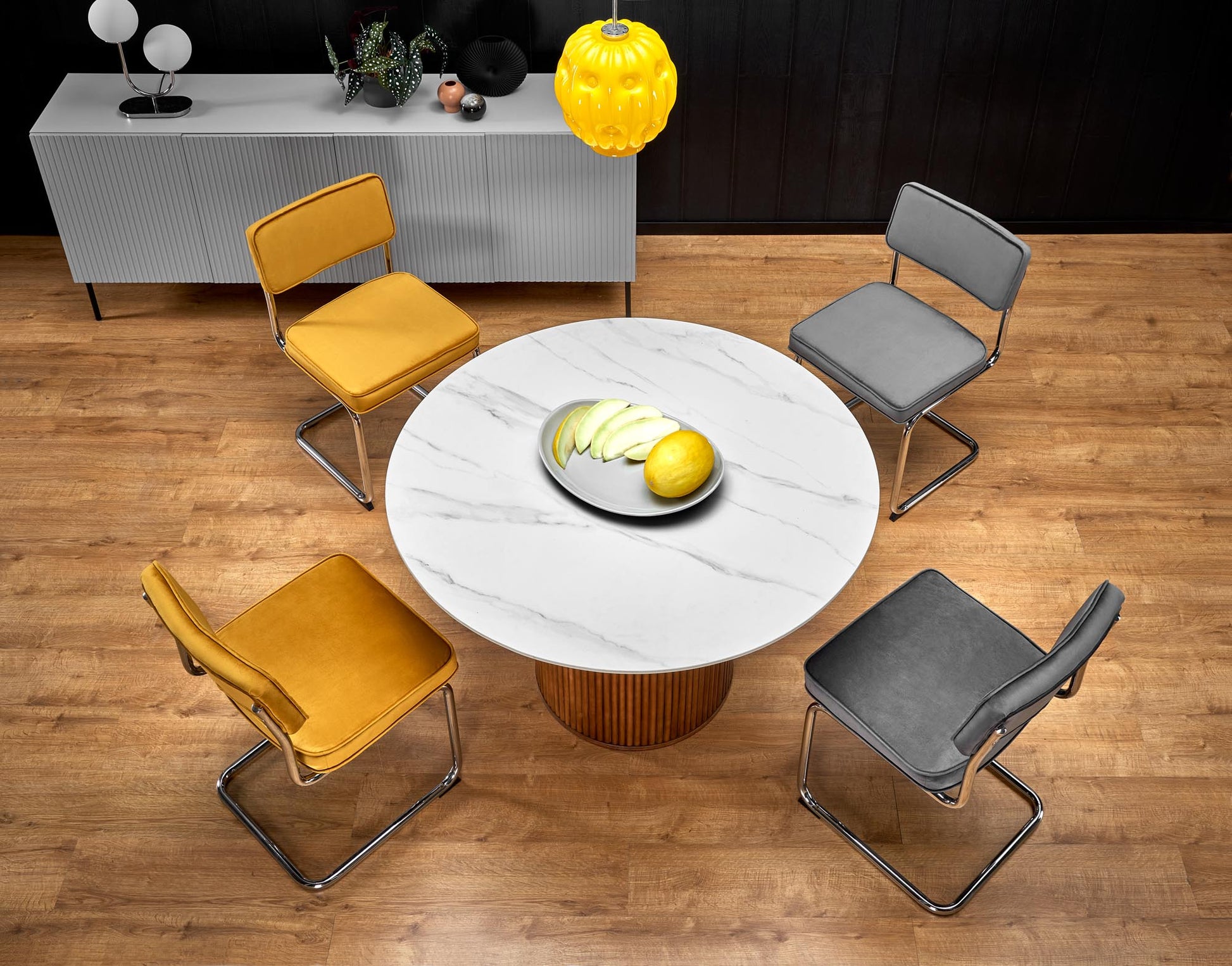 Kitchen Table West Knighton | size: Length: 120cm, Width: 120cm, Height: 76cm, Diameter: 120cm | color: White/Marble/Walnut | image: 2 | variant: 1007395