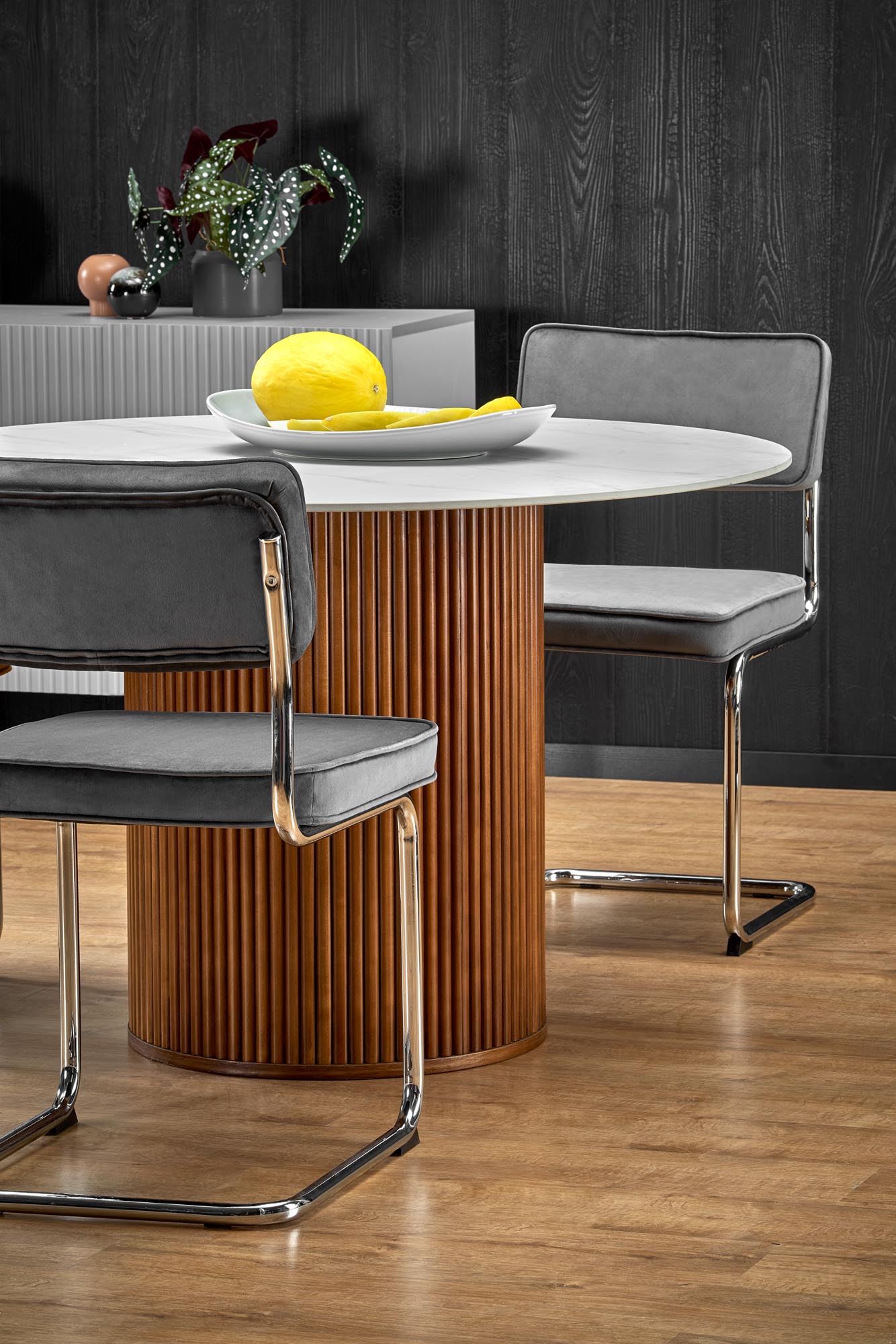 Kitchen Table West Knighton | size: Length: 120cm, Width: 120cm, Height: 76cm, Diameter: 120cm | color: White/Marble/Walnut | image: 5 | variant: 1007395