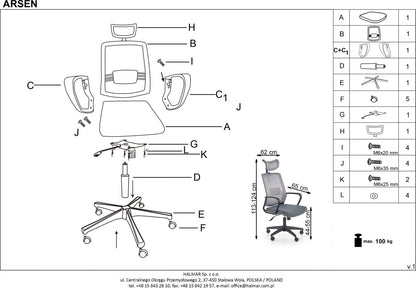 Office Chair Arsen | size: Width: 62cm, Height: 124cm, Depth: 65cm | color: Gray | image: 10 | variant: 1011966