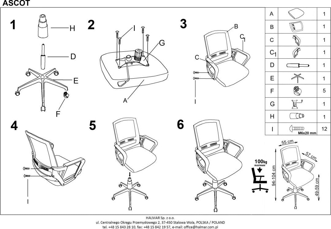 Office Chair Ascot | size: Width: 55cm, Height: 104cm, Depth: 57cm | color: Black | image: 3 | variant: 1011964