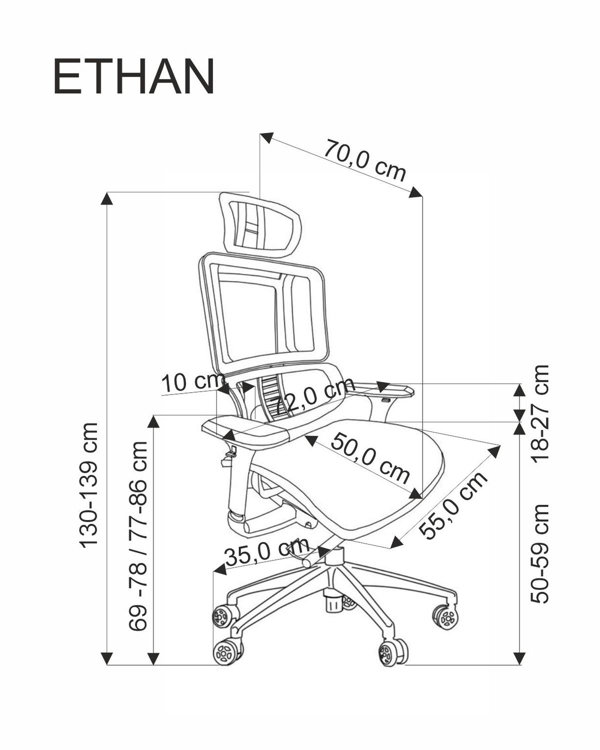 Office Chair Ethan | size: Width: 72cm, Height: 139cm, Depth: 70cm | color: Gray | image: 2 | variant: 1017827