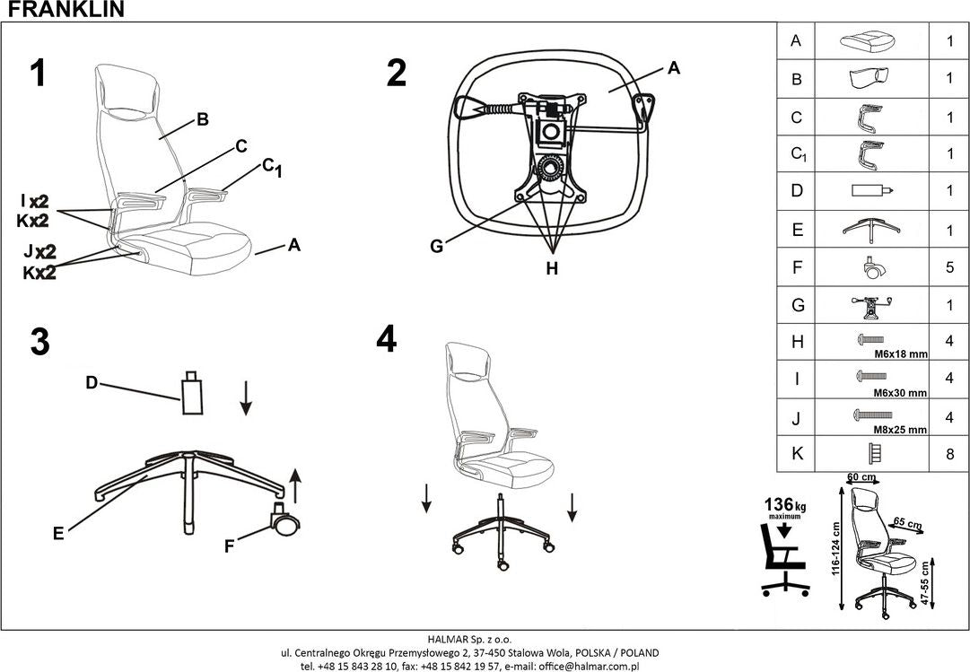 Office Chair Franklin | size: Width: 60cm, Height: 124cm, Depth: 65cm | color: Gray | image: 3 | variant: 1011558