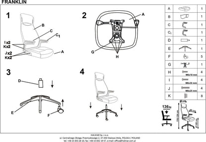 Office Chair Franklin | size: Width: 60cm, Height: 124cm, Depth: 65cm | color: Gray | image: 3 | variant: 1011558
