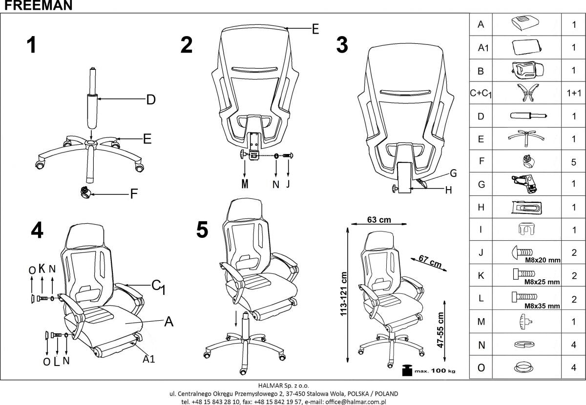 Office Chair Freeman | size: Width: 61cm, Height: 123cm, Depth: 60cm | color: Gray | image: 8 | variant: 1011571