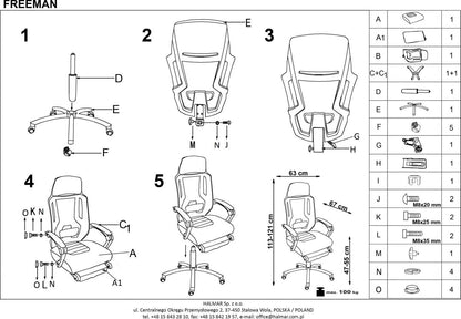 Office Chair Freeman | size: Width: 61cm, Height: 123cm, Depth: 60cm | color: Gray | image: 8 | variant: 1011571