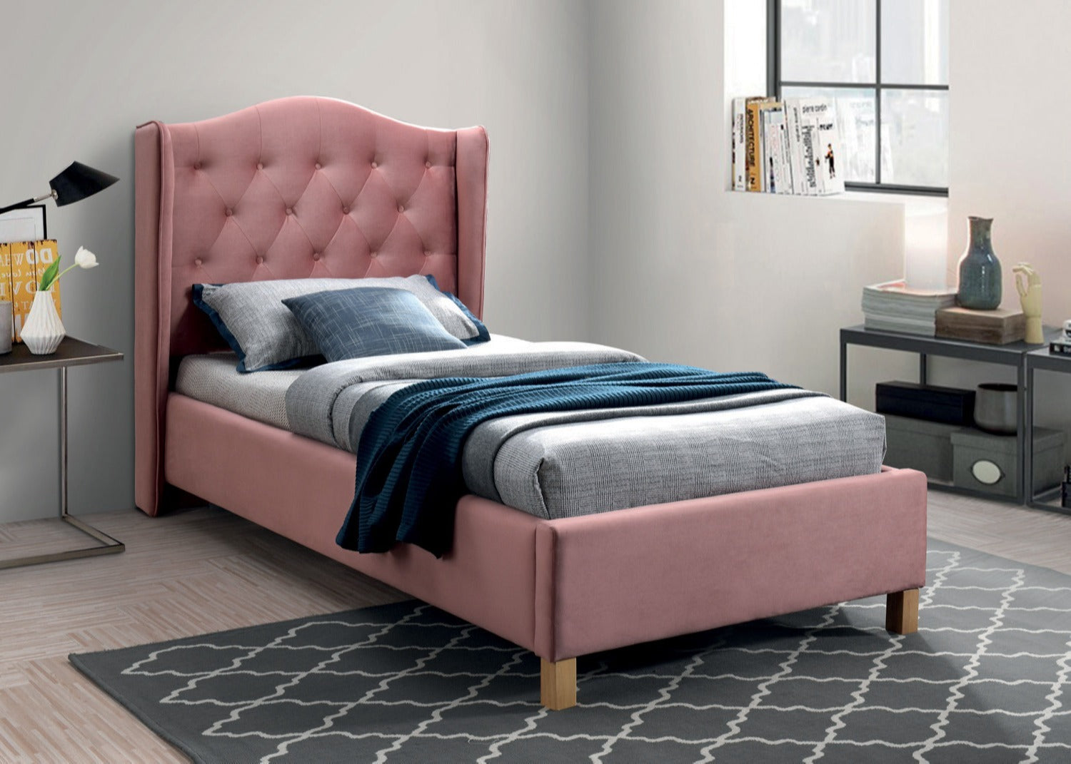 Single Bed Aspen Velvet | size: Length: 216cm, Width: 108cm, Height: 124cm | color: Pink | image: 1 | variant: 1010245
