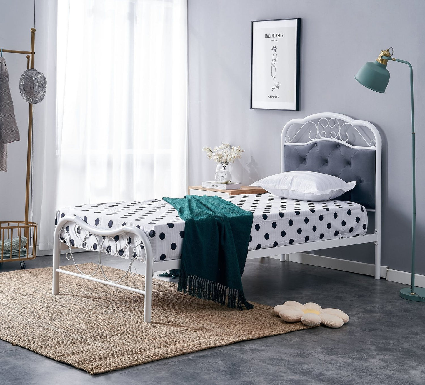 Single Bed Fabrizia | size: Length: 209cm, Width: 92cm, Height: 115cm | color: White/Grey | image: 2 | variant: 1014073