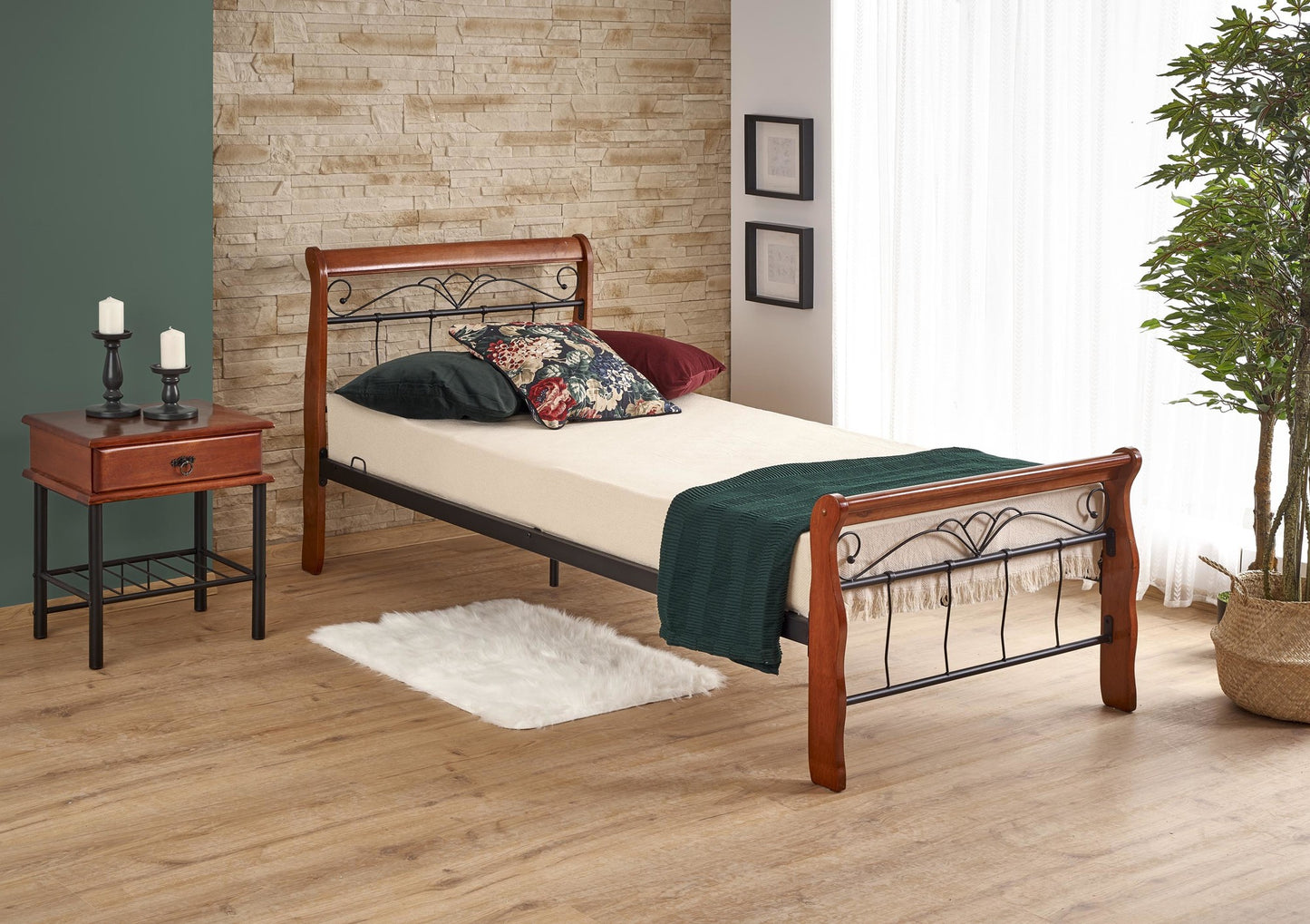 Single Bed Veronica | size: Length: 204cm, Width: 93cm, Height: 91cm | color: Black/Cherry wood | image: 2 | variant: 1010948