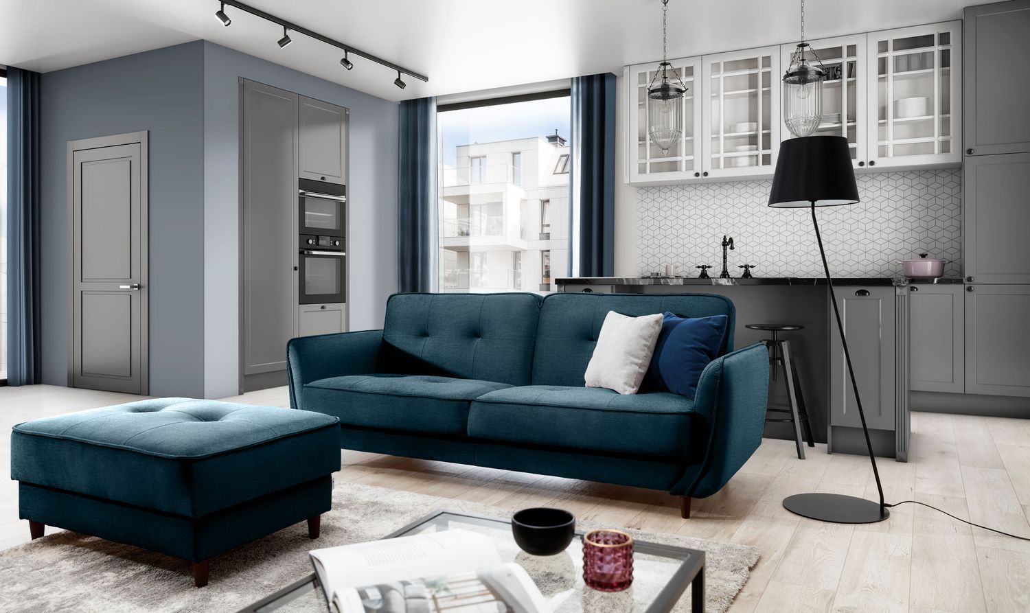 Sleeper Sofa Hinckley 54 | size: Width: 90cm, Height: 83cm, Depth: 220cm | color: Blue | image: 1 | variant: 1017821