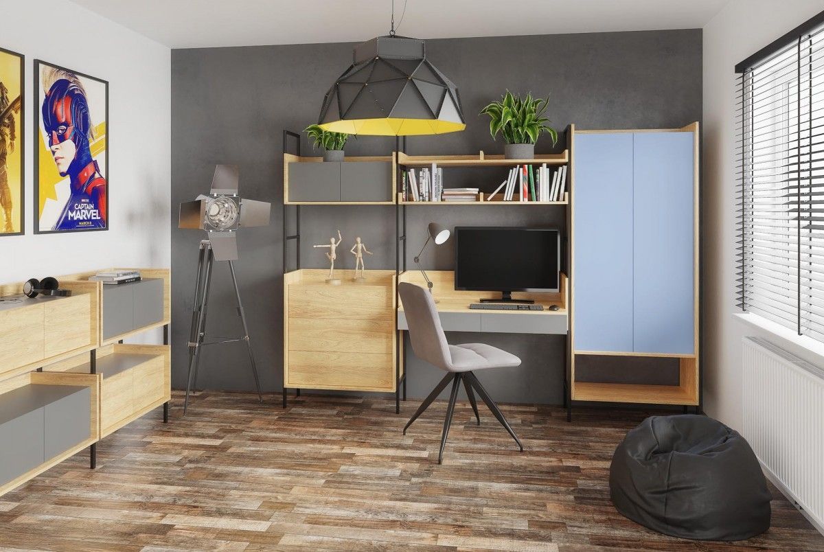 Wall Shelf Mobius 2D 1 | size: Width: 78cm, Height: 179cm, Depth: 41cm | color: Oak/Blue | image: 3 | variant: 1000538